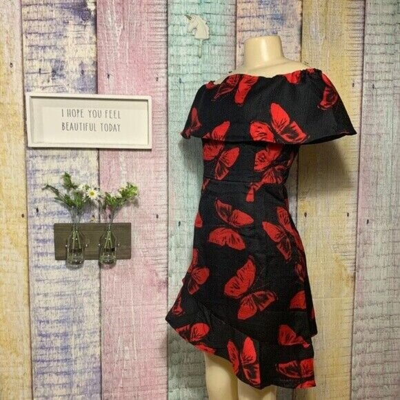 Womens Fashion Butterfly Printed Off Shoulder Dresses Ruffled Asymmetrical Dress - Picture 5 of 7